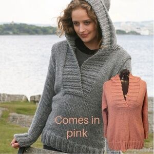 Hand Knit Campfire DROPS Sweater with Hood in Pink